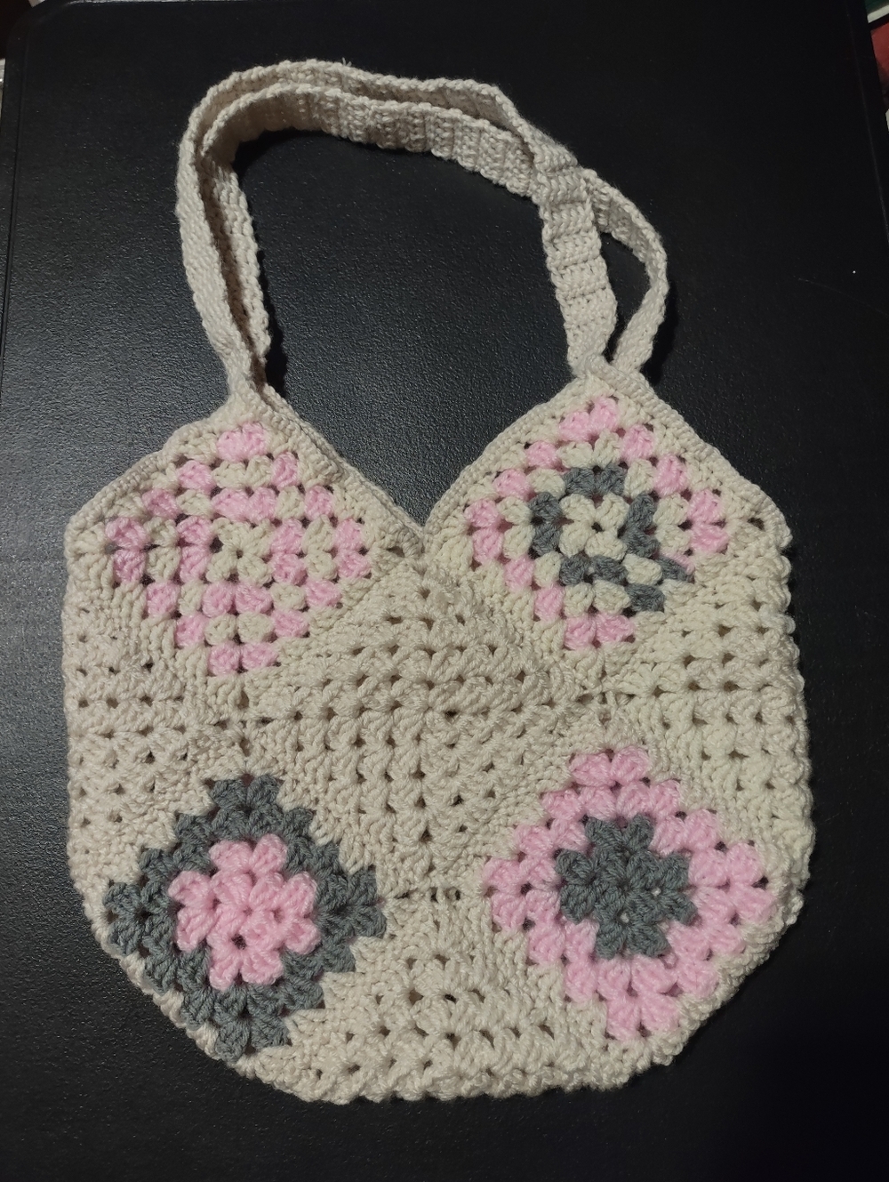 Handmade Crochet Women’s Tote Bag in Cream, Pink & Gray